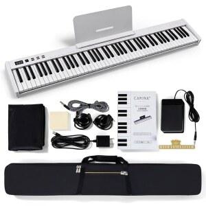 카리나 88 키 피아노 키보드, 반가중치 휴대용 피아노, 128톤, 스피커, USB-MIDi, 캐리백, 서스테인 페달, 초보자를 위한 전동 키보드 (흰색)