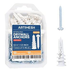 ARTIMSH 8# 100PC 자체 드릴 드라이월 앵커 키트 - 75LB, 50개의 탭핑 나사가 있는 헤비 듀티 플라스틱 행거 시트록 앵커용 장착 하드웨어