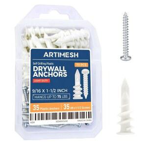 ARTIMSH 8# 70PC 자체 드릴 드라이월 앵커 키트 - 35개의 탭핑 나사가 있는 75LB의 헤비 듀티 플라스틱 행거 시트록 앵커용 장착 하드웨어