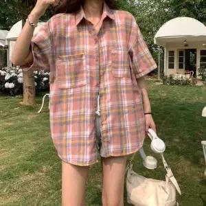 셀럽하우스 여성 심플한 데일리 남방 체크 핑크 셔츠