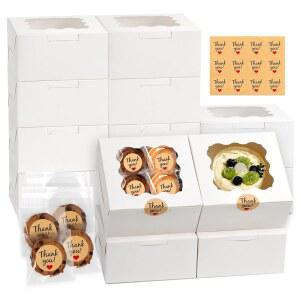 ZYFOTZUN 12개 쿠키 상자, 창문 포함 6x6x3 인치 화이트 베이커리 상자, 디저트 페이스트리 초콜릿 딸기 마카롱 도넛 컵케이크용 쿠키 백 50개와 스티커 12개가 포함된 간식 상자