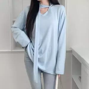 [하프클럽/]여성 여리핏 타이넥 스판 브이넥 긴팔 티셔츠