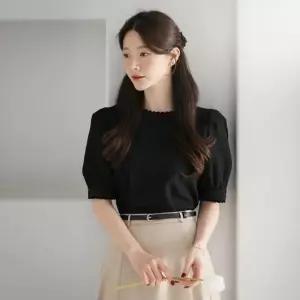 XL까지) 모딘 레이스 테이프넥 퍼프소매 시어서커 블라우스 여름 데일리 일상 출근룩 베이직 빅사이즈