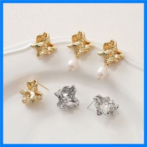 14K 진짜 금도금 황동 불규칙한 금속 용암 이어 스터드 귀걸이 DIY 용품 만들기 재료 액세서리 2 개