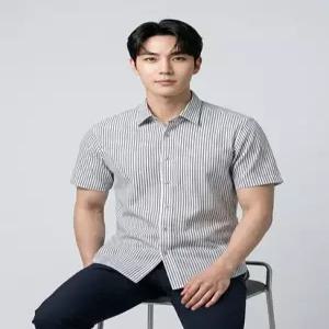 [오스틴리드]그레이 스트라이프 폴리타공 반팔셔츠-A6MA2310047B