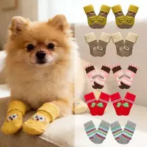 4개입 애완동물 미끄럼 방지 양말 고양이 강아지 귀여운 겨울 및 가을용 따뜻한 트랙션 발바닥 보호용