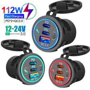 시거잭 소켓 LED 터치 스위치로 방수 차량 충전기 PD3 QC3 더블 USB 포트 78W 고속 충전 모토 어댑터용 12V 24V
