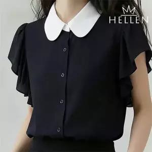 [헬렌] 쉬폰 프릴 캡소매 배색 카라 블라우스 여름 셔츠 하객룩 소렐카라반팔BL T-168
