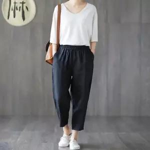 [라일리여성의류] Rly 여성 여름 면 마 바지 배기핏 밴딩 팬츠