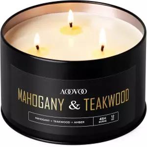 남성용 AOOVOO 마호가니 티크우드 캔들 - 3 Wick 12oz 대형 향초 가정용 오래 지속되는 강한 향의 블랙