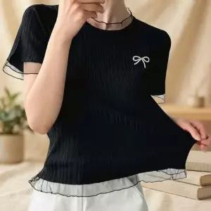 여성 코디 아코디언 진주리본 비침 티셔츠