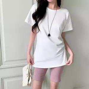 여자 데일리룩 사이드 셔링 포인트 슬림핏 롱 반팔 티셔츠