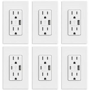 ELEGRP USB 콘센트, 포트가 있는 15암페어 A 타입 포함, 변조 플레이트 C 월 UL 및 방지 목록(6팩, 화이트) 매트 21W