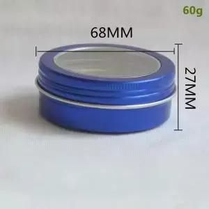 200pcs 명확한 나사 창 뚜껑이있는 2oz 라운드 통 캔 60ml 파란색 금속 향신료 용기 알루미늄 상자 DIY