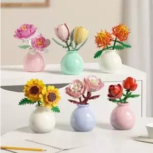 DIY 꽃 빌딩 블록과 꽃병 장미 튤립 해바라기 시뮬레이션 화분 꽃다발 홈 데코 교육용 선물