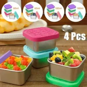 실리콘 뚜껑이있는 4Pcs 스테인레스 스틸 스낵 샐러드 상자 2/6oz 누출 방지 휴대용 쌓을 수있는 소스 용기
