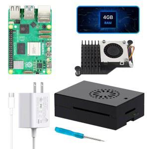 iRasptek 라즈베리 파이 5 4GB RAM용 금속 27W 기본 Pi5 장치, PD 스타터 - 액티브 및 전원 케이스 공급 키트 포함 쿨러 보드,