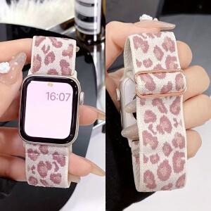 apple 호환 Watch와 호환되는 세련된 레오파드 프린트 나일론 밴드  보안 버튼 걸쇠 스마트워치 스트랩 액