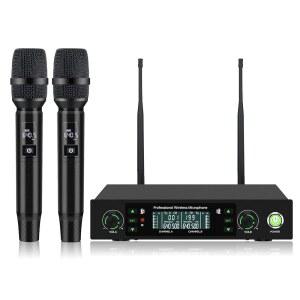 전문가용 무선 마이크 시스템, 500피트 장거리 2.4G 세트, 40시간 재생 시간, 노래방 노래, DJ, 교회, 파티, 결혼식을 위한 충전식 다이내믹 메모리 기능