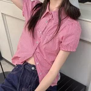 [라일리여성의류] Rly 여자 여름 퍼프 체크 카라 블라우스