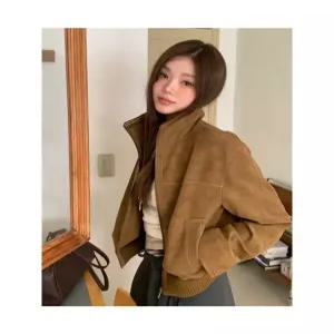 에잇세컨즈 칼라 배색 스웨이드 블루종 아우터 옐로이시 브라운 라이더 인