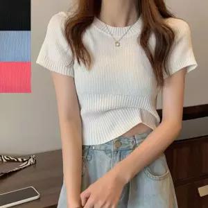 무지 라운드넥 슬림핏 반팔 골지니트 크롭티 4컬러 여성여름니트