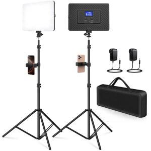 KMASIC 2팩 LED 비디오 라이트 키트 4000MAH 충전식 리튬 배터리 패널 2500K-8500K 2200LUX 79인치 스튜디오 사진 녹화 게임 라이브 스트리밍용 스탠드