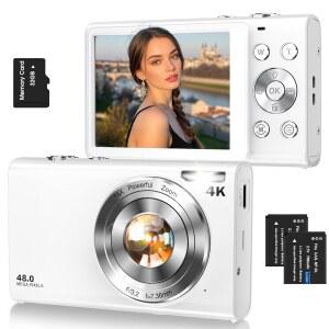 디지털 카메라 32GB 카드 48MP 휴대용 컴팩트 포인트 16배 줌 흔들림 방지 배터리 2개(화이트)로 10대 성인 초보자를 위한 사진용 오토포커스 4K 브이로그 카메라(사진용)