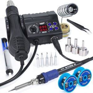 WEP 882D 납땜 아이언 스테이션 2-IN-1 SMD 열풍 재작업 스테이션, 와이어 2 스풀, 팁 5개, 노즐 3개, 황동 울 클리너, 핀셋, 펌프 포함