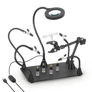 헬핑 핸즈 납땜 회로 기판 홀더 3배 LED 램프, 360 핫 에어 건 홀더, 유연한 금속 암 헤비 듀티 베이스 전자 수리 도구 매직 핸드