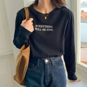 친절한탄씨 여성 심플 베이직 사계절 티셔츠 긴팔티 루즈핏 에브리띵 레터링 티 스웨터 니트티셔츠