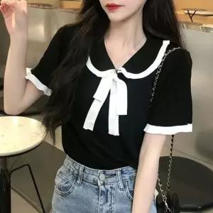 배색 레이스 카라 리본 반팔티셔츠 여친룩 캐주얼 반팔맨투맨 면티셔츠 (WAE65AC)
