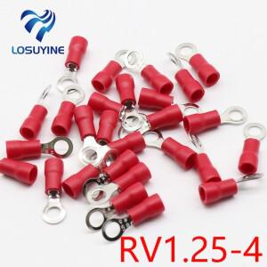 RV1.25-4 레드 링 절연 와이어 커넥터 전기 크림프 터미널 케이블 100PCS RV