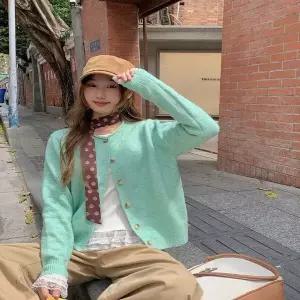 [하프클럽/]여성 데일리 파스텔 민트컬러 라운드넥 단추 가디건