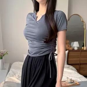 데일리 스판 반팔티 무지 유넥 셔링 스트링 티셔츠