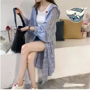 캐주얼 후드 체크 롱셔츠 여름 외출용 기본 여성남방 남방 여자남방 오버핏셔츠