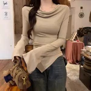 여성 3컬러 보트넥 오프숄더 슬림핏 언발 셔링 긴팔티 셔링티셔츠 오프숄더티셔츠