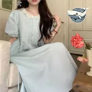 프릴 넥 레이스 포인트 퍼프소매 사랑스러운 여름원피스 여성원피스 반팔원피스