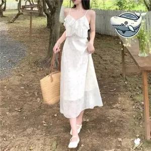 여름 플라워 끈나시 롱 원피스 태슬프릴 흰색 여름원피스 여성원피스 반팔원피스