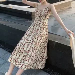 고품질 꽃무늬 패턴 끈조절 나시원피스 여행 휴양지 캐주얼 여름롱원피스 (WBF466C)