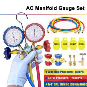 호환R410A R22 R134a 매니폴드 게이지 세트 HVAC A/C 냉동 충전 서비스(호스 포함) 조정 가능한 커플러 어