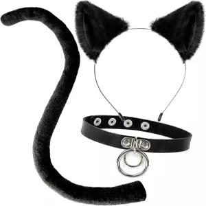 올리판 고양이 의상 액세서리 귀와 꼬리 세트 블랙 동물 할로윈 키트 머리띠와 초커 목걸이 포함 여성용 팩