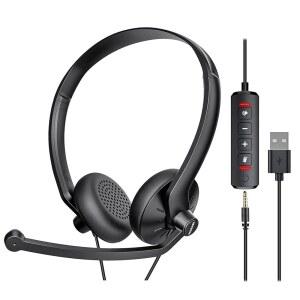 PC 노트북용 마이크가 있는 FEABASK USB 헤드셋 - 홈 오피스 온라인 클래스 스카이프 줌 회의용 노이즈 캔슬링 유선 컴퓨터 헤드폰 라인 음소거 제어 기능 포함