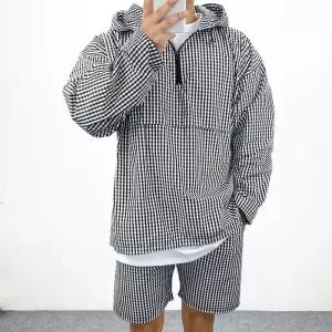[엠클로]남자 오버핏 바람막이 윈드 고방체크 후드 아노락 긴팔티셔츠 2컬러