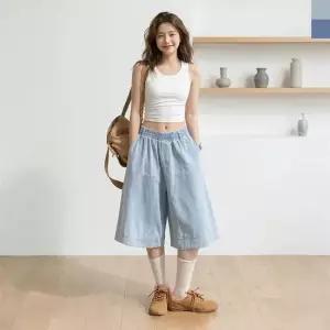 [라일리여성의류] Rly 여성 워싱 패치 여름 버뮤다 밴딩 데님 반바지 50005309)