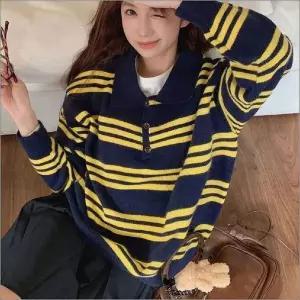 [하프클럽/]캐주얼 카라티 니트 여자 티셔츠 스트라이프 배색 단가라
