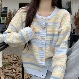 [하프클럽/]라운드칼라 심플 줄무늬컬러믹스 파스텔 긴팔가디건