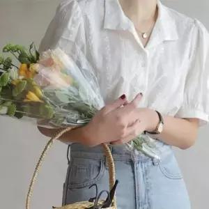 퍼프소매 시스루 블라우스 반팔블라우스 이 여자 프릴