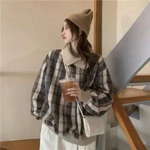 [하프클럽/]루즈실루엣 시보리 폴라넥 체크패턴뜨개탑 데일리룩 밴드라인