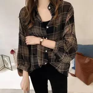 여성 아무 가을 체크남방코디 빈티지 레이 블라우스